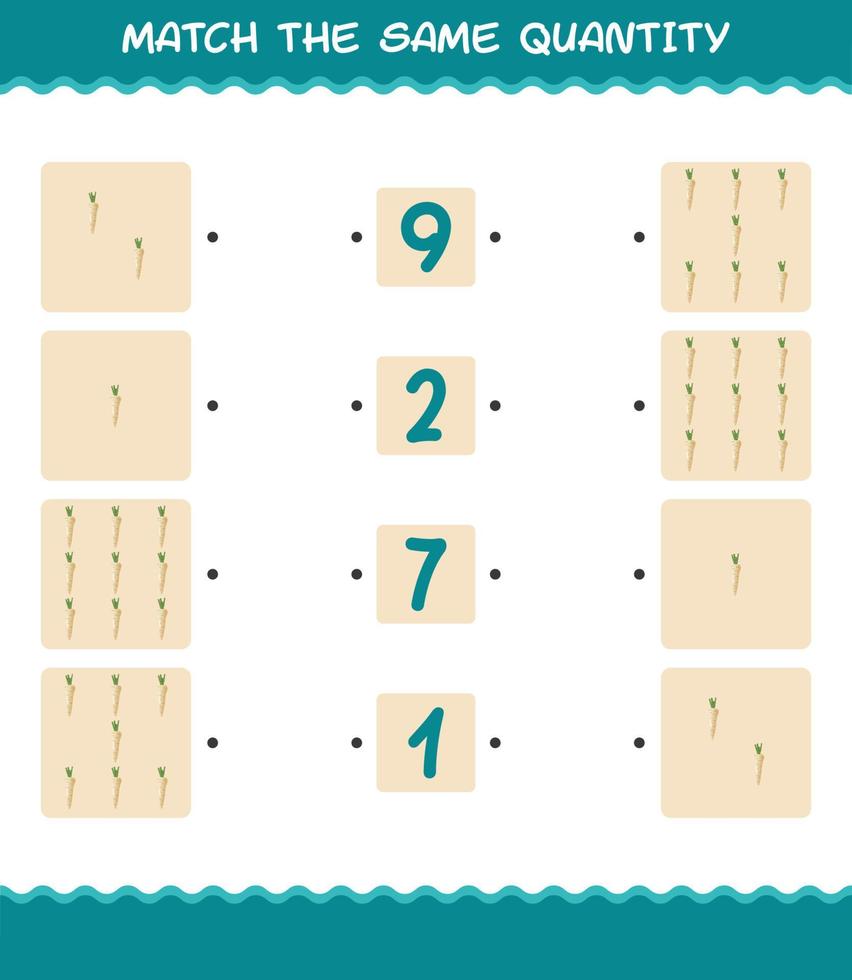 Match the same quantity of parsnip. Counting game. Educational game for pre shool years kids and toddlers vector