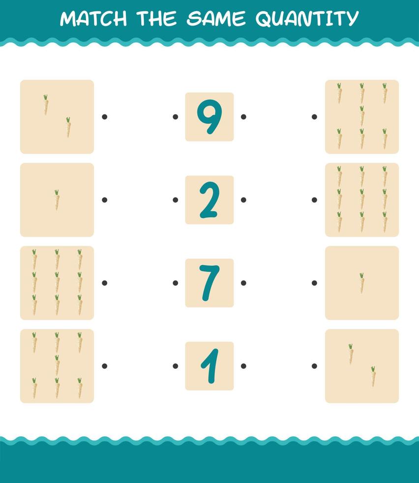 Match the same quantity of parsnip. Counting game. Educational game for pre shool years kids and toddlers vector