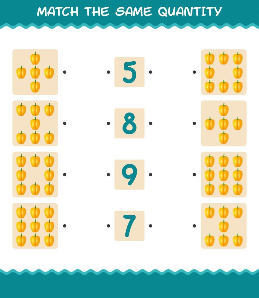 Match the same quantity of bell pepper. Counting game. Educational game for pre shool years kids and toddlers vector