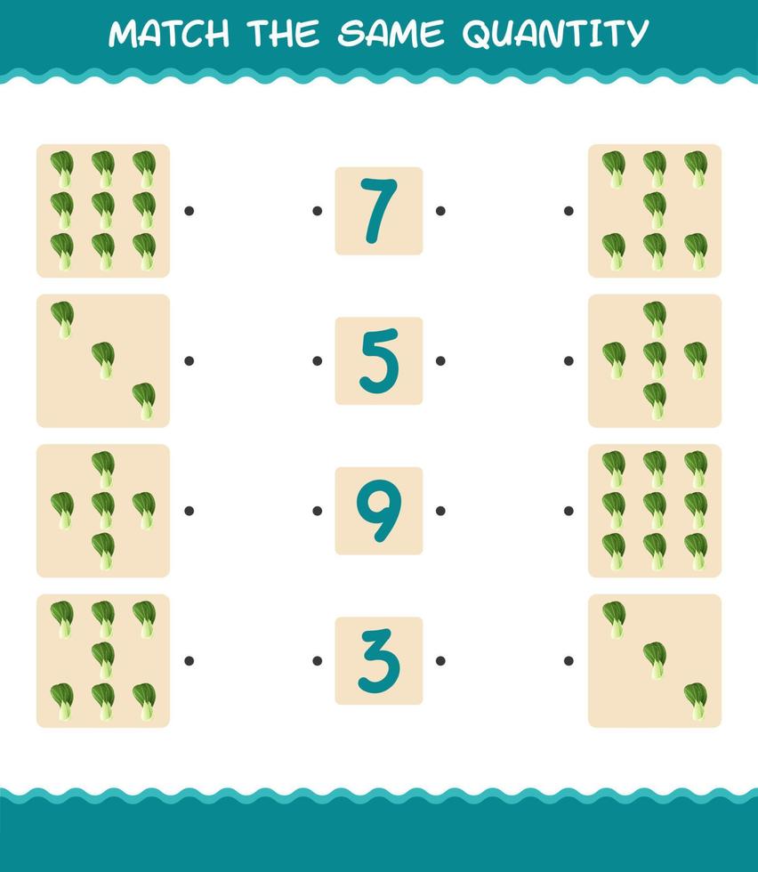 Match the same quantity of bok choy. Counting game. Educational game for pre shool years kids and toddlers vector