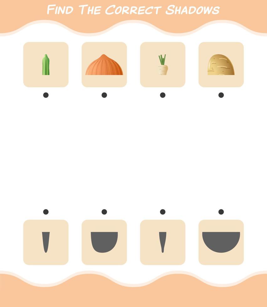 Find the correct shadows of cartoon vegetables. Searching and Matching game. Educational game for pre shool years kids and toddlers vector