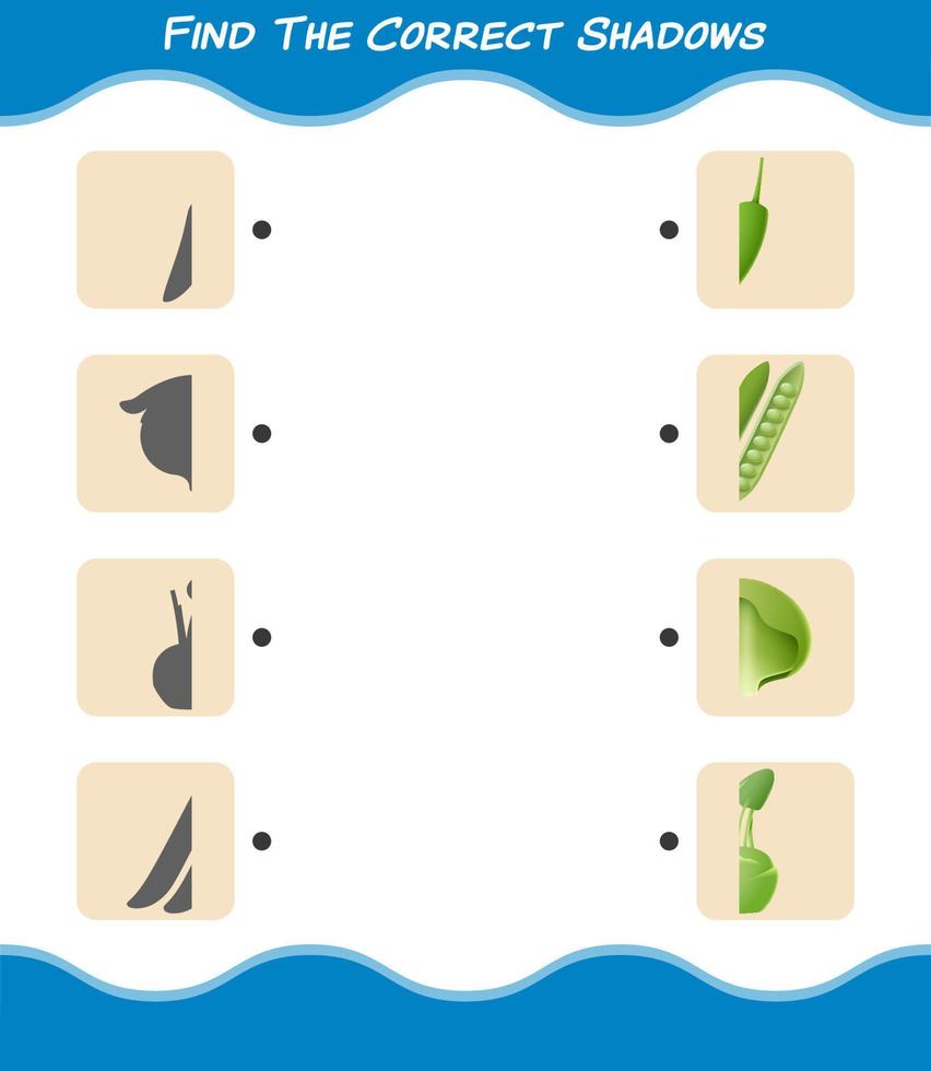 encuentra las sombras correctas de las verduras de dibujos animados. juego de búsqueda y combinación. juego educativo para niños y niños pequeños en edad preescolar vector