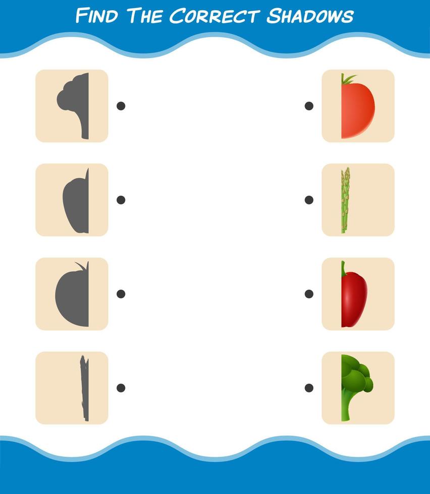 Find the correct shadows of cartoon vegetables. Searching and Matching game. Educational game for pre shool years kids and toddlers vector