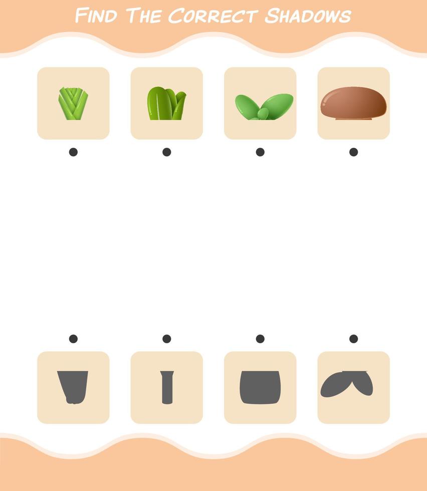Find the correct shadows of cartoon vegetables. Searching and Matching game. Educational game for pre shool years kids and toddlers vector