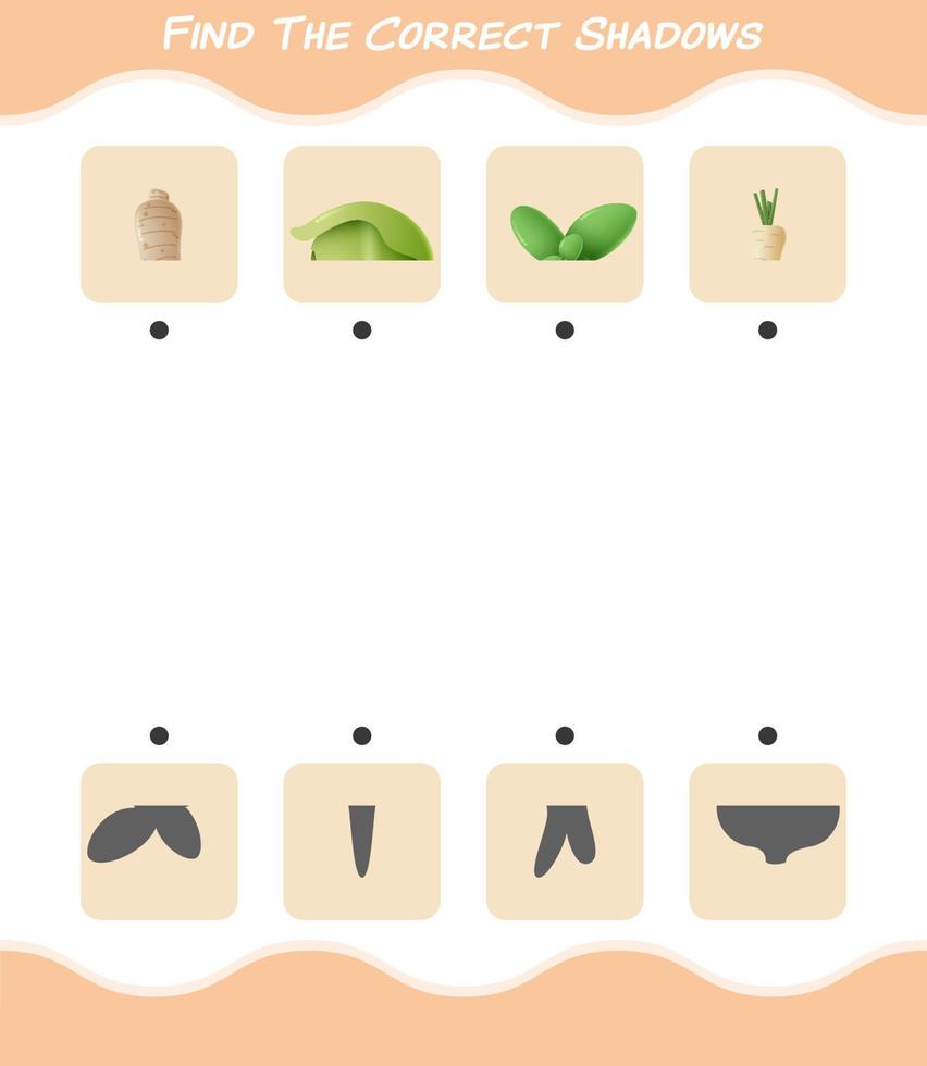 Find the correct shadows of cartoon vegetables. Searching and Matching game. Educational game for pre shool years kids and toddlers vector