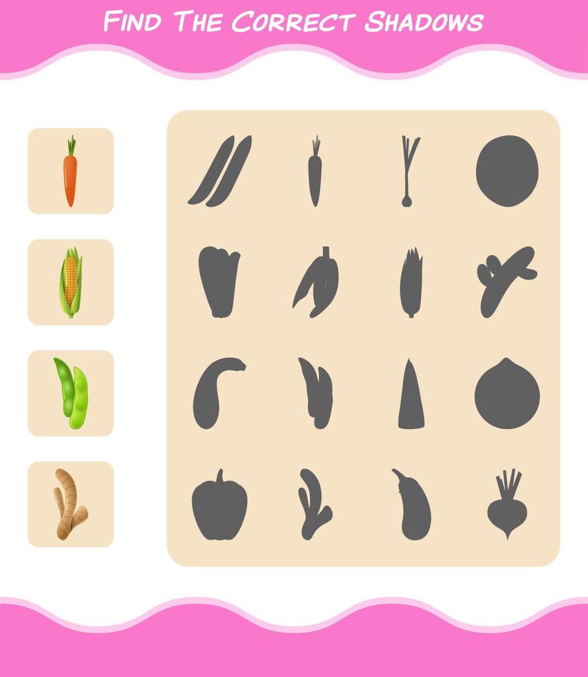Find the correct shadows of cartoon vegetables. Searching and Matching game. Educational game for pre shool years kids and toddlers vector