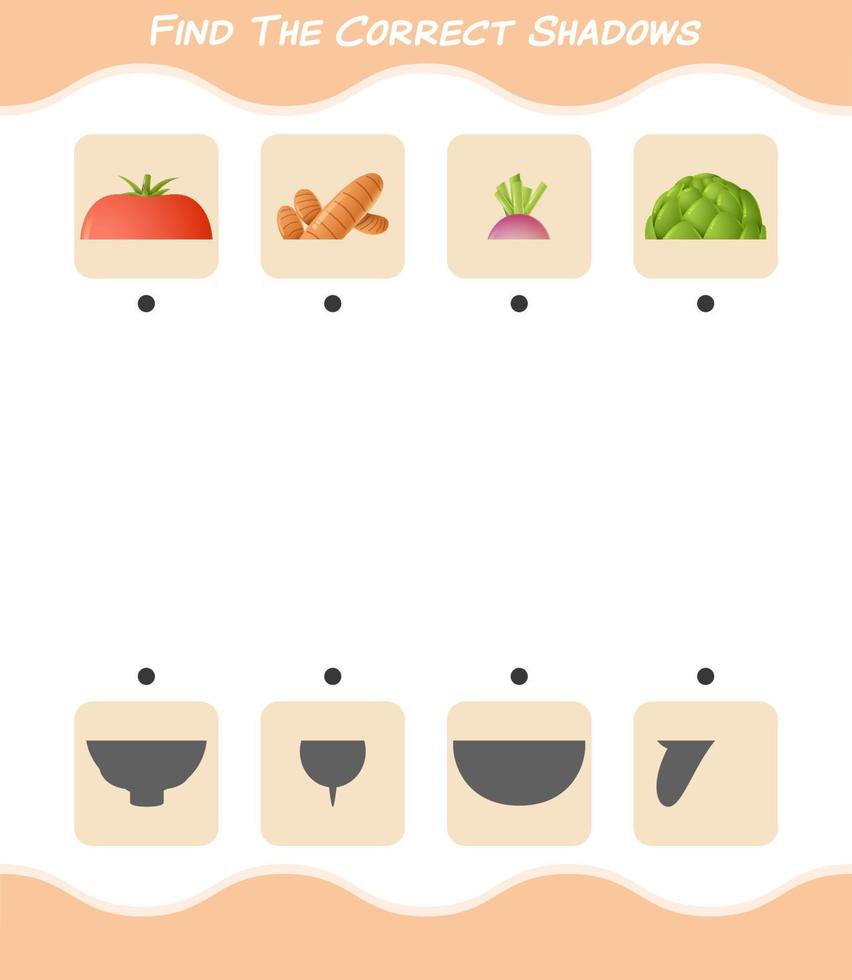 Find the correct shadows of cartoon vegetables. Searching and Matching game. Educational game for pre shool years kids and toddlers vector