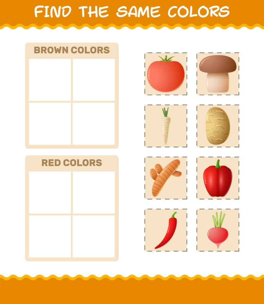 encontrar los mismos colores de las verduras. juego de búsqueda y emparejamiento. juego educativo para niños y niños pequeños en edad preescolar vector