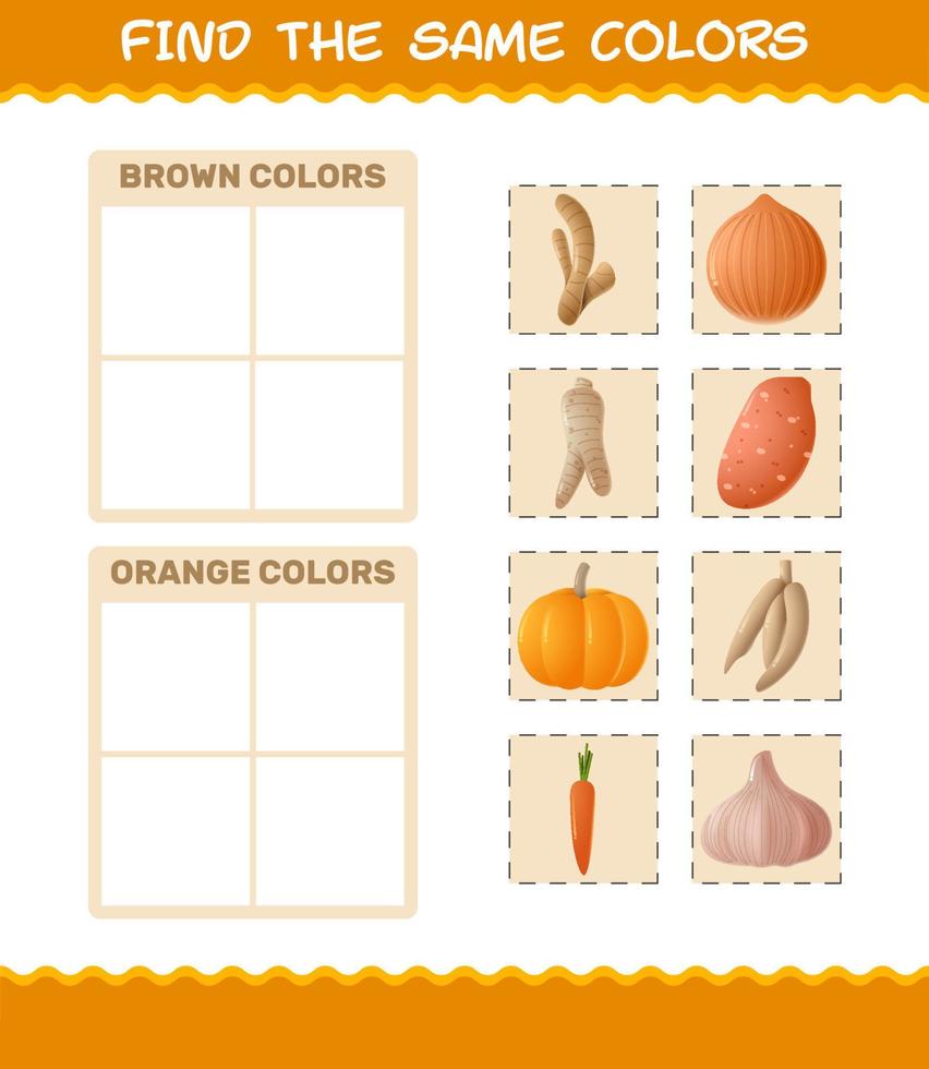 Find the same colors of vegetables. Searching and Matching game. Educational game for pre shool years kids and toddlers vector