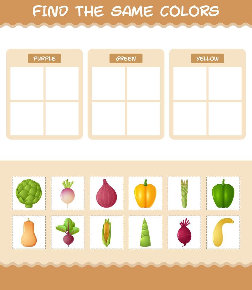 encontrar los mismos colores de las verduras. juego de búsqueda y emparejamiento. juego educativo para niños y niños pequeños en edad preescolar vector