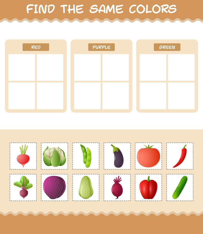 Find the same colors of vegetables. Searching and Matching game. Educational game for pre shool years kids and toddlers vector