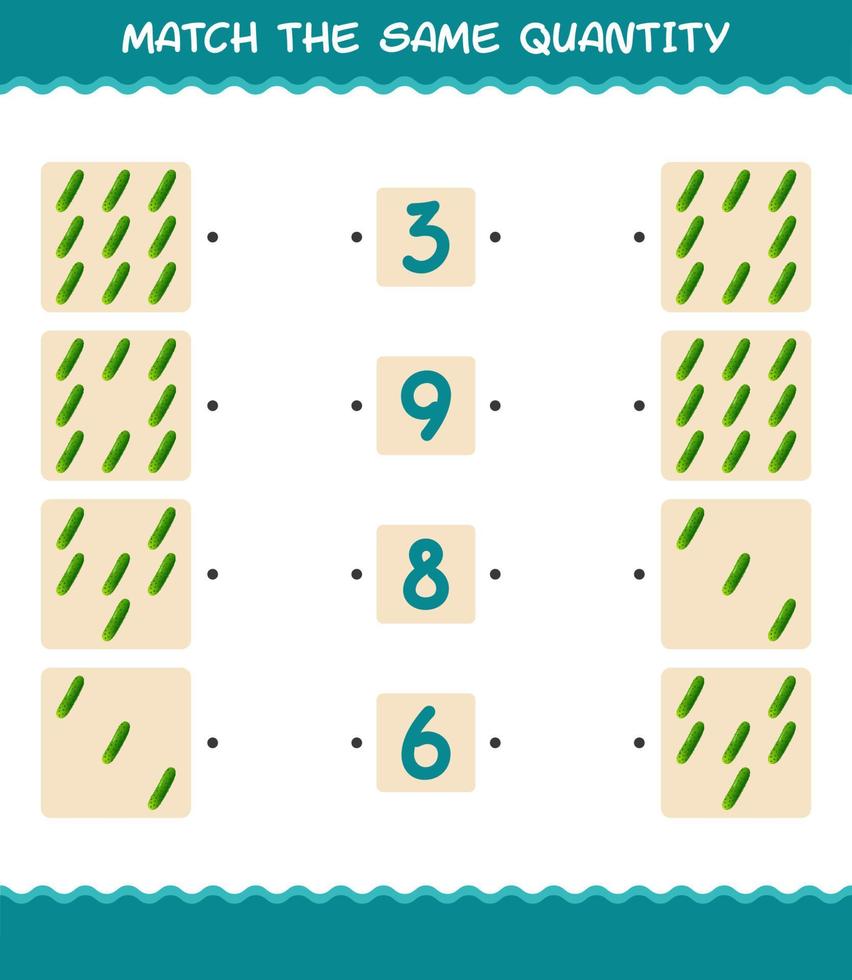 Match the same quantity of cucumber. Counting game. Educational game for pre shool years kids and toddlers vector