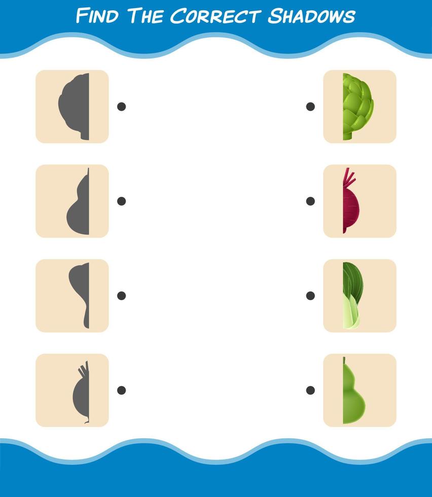 encuentra las sombras correctas de las verduras de dibujos animados. juego de búsqueda y combinación. juego educativo para niños y niños pequeños en edad preescolar vector