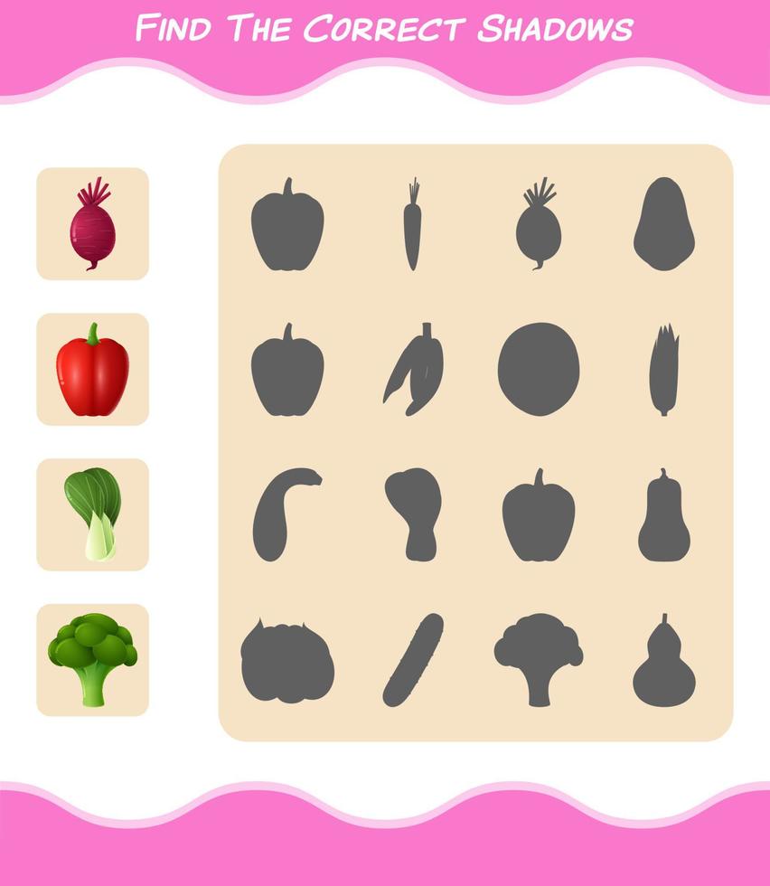 encuentra las sombras correctas de las verduras de dibujos animados. juego de búsqueda y combinación. juego educativo para niños y niños pequeños en edad preescolar vector