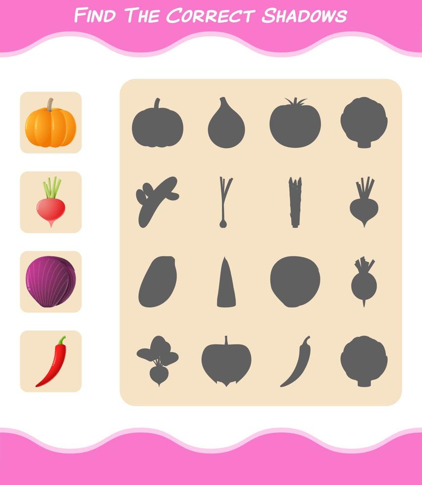 Find the correct shadows of cartoon vegetables. Searching and Matching game. Educational game for pre shool years kids and toddlers vector