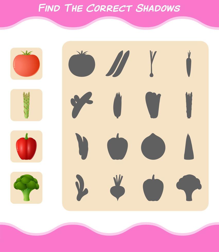 encuentra las sombras correctas de las verduras de dibujos animados. juego de búsqueda y combinación. juego educativo para niños y niños pequeños en edad preescolar vector