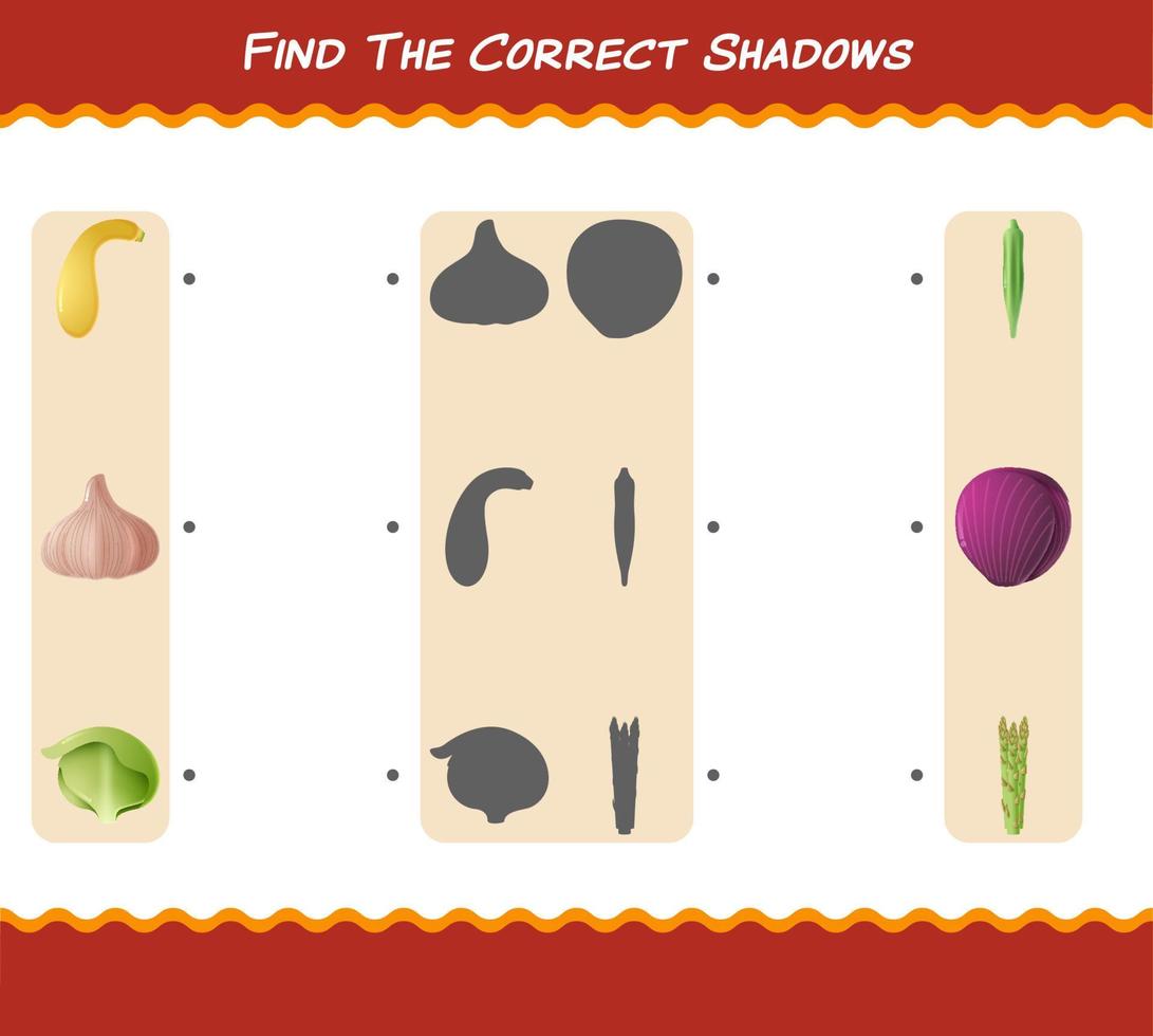 Find the correct shadows of cartoon vegetables. Searching and Matching game. Educational game for pre shool years kids and toddlers vector