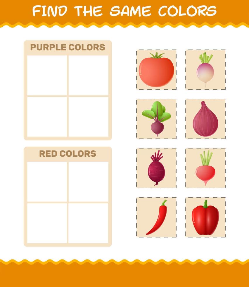 encontrar los mismos colores de las verduras. juego de búsqueda y emparejamiento. juego educativo para niños y niños pequeños en edad preescolar vector