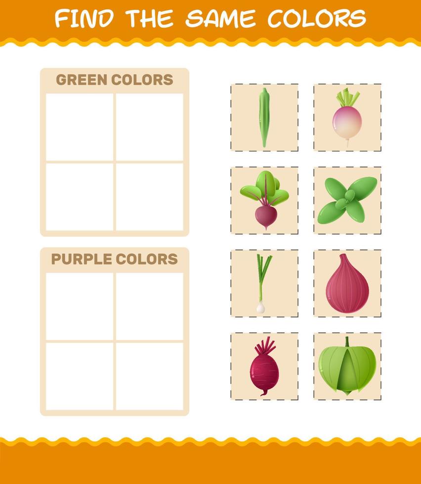 Find the same colors of vegetables. Searching and Matching game. Educational game for pre shool years kids and toddlers vector