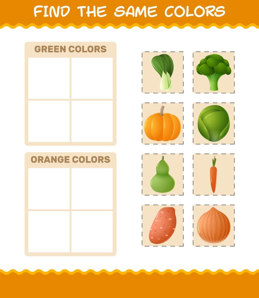 encontrar los mismos colores de las verduras. juego de búsqueda y emparejamiento. juego educativo para niños y niños pequeños en edad preescolar vector