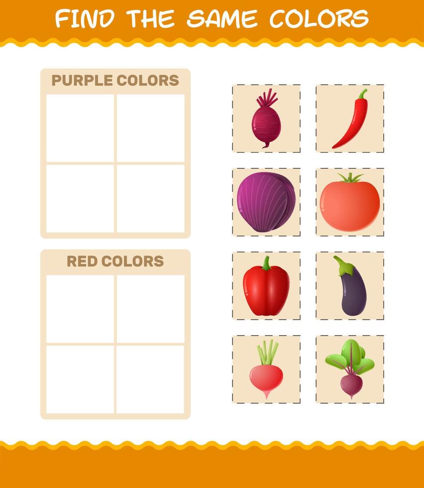 encontrar los mismos colores de las verduras. juego de búsqueda y emparejamiento. juego educativo para niños y niños pequeños en edad preescolar vector