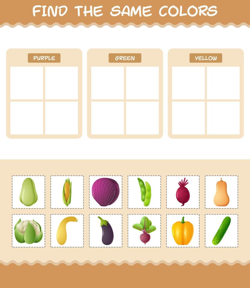 encontrar los mismos colores de las verduras. juego de búsqueda y emparejamiento. juego educativo para niños y niños pequeños en edad preescolar vector