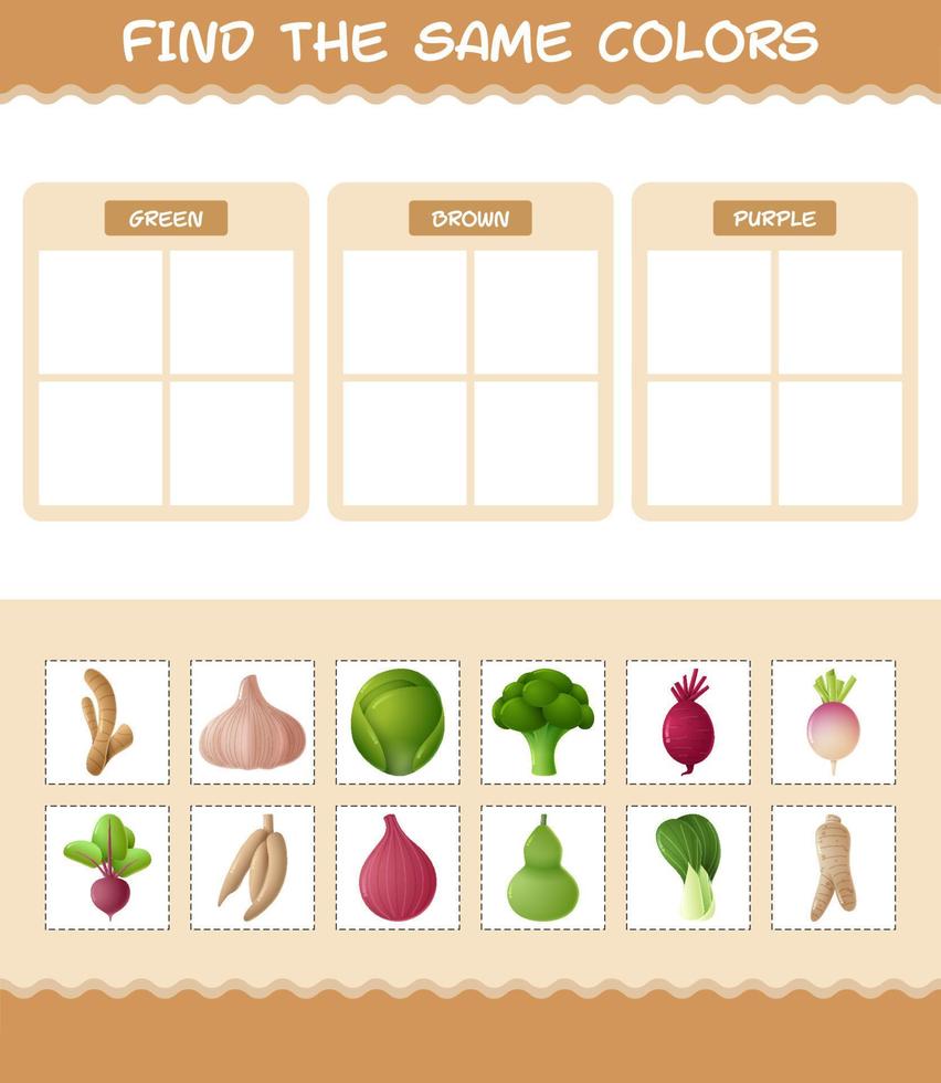 encontrar los mismos colores de las verduras. juego de búsqueda y emparejamiento. juego educativo para niños y niños pequeños en edad preescolar vector