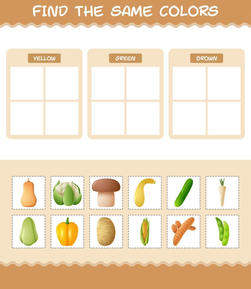 encontrar los mismos colores de las verduras. juego de búsqueda y emparejamiento. juego educativo para niños y niños pequeños en edad preescolar vector