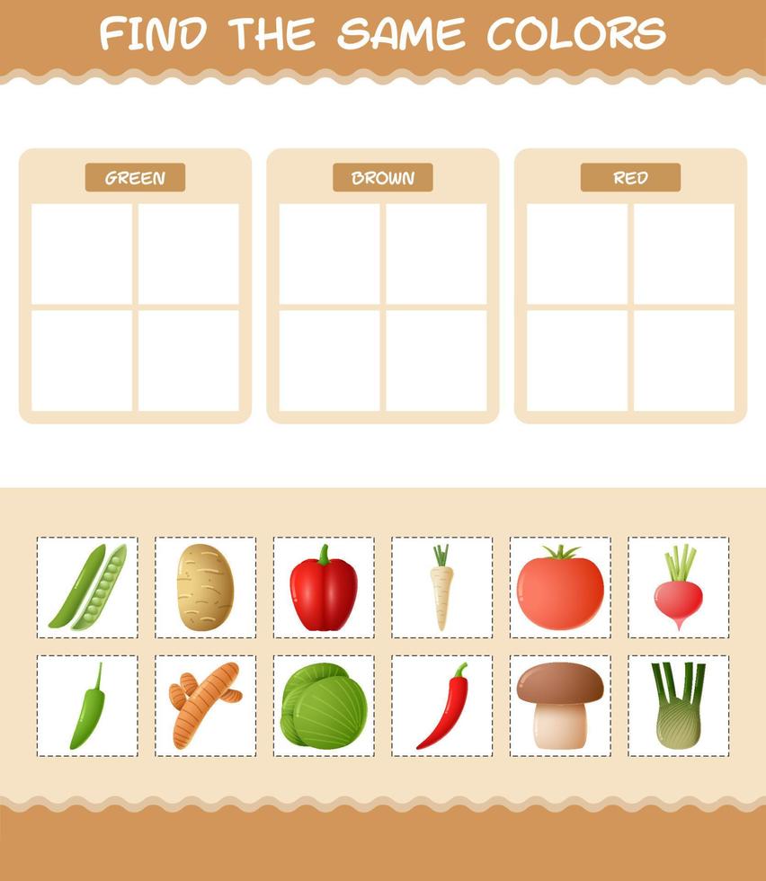 Find the same colors of vegetables. Searching and Matching game. Educational game for pre shool years kids and toddlers vector