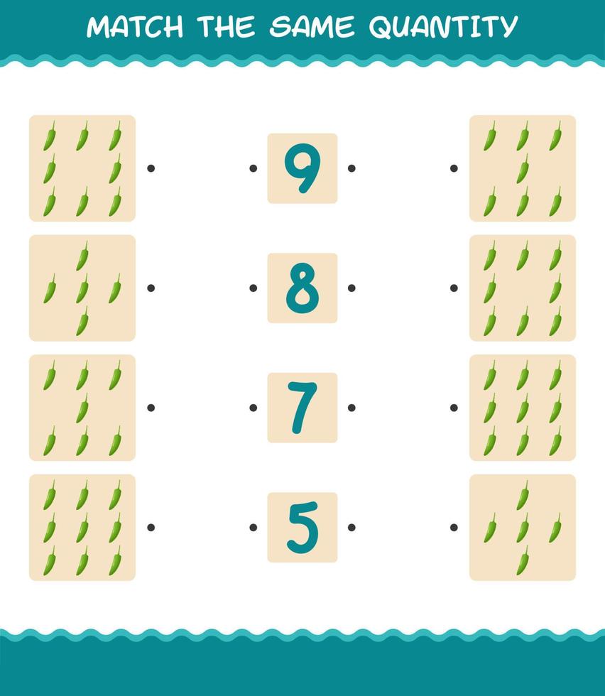 Match the same quantity of green chilli. Counting game. Educational game for pre shool years kids and toddlers vector