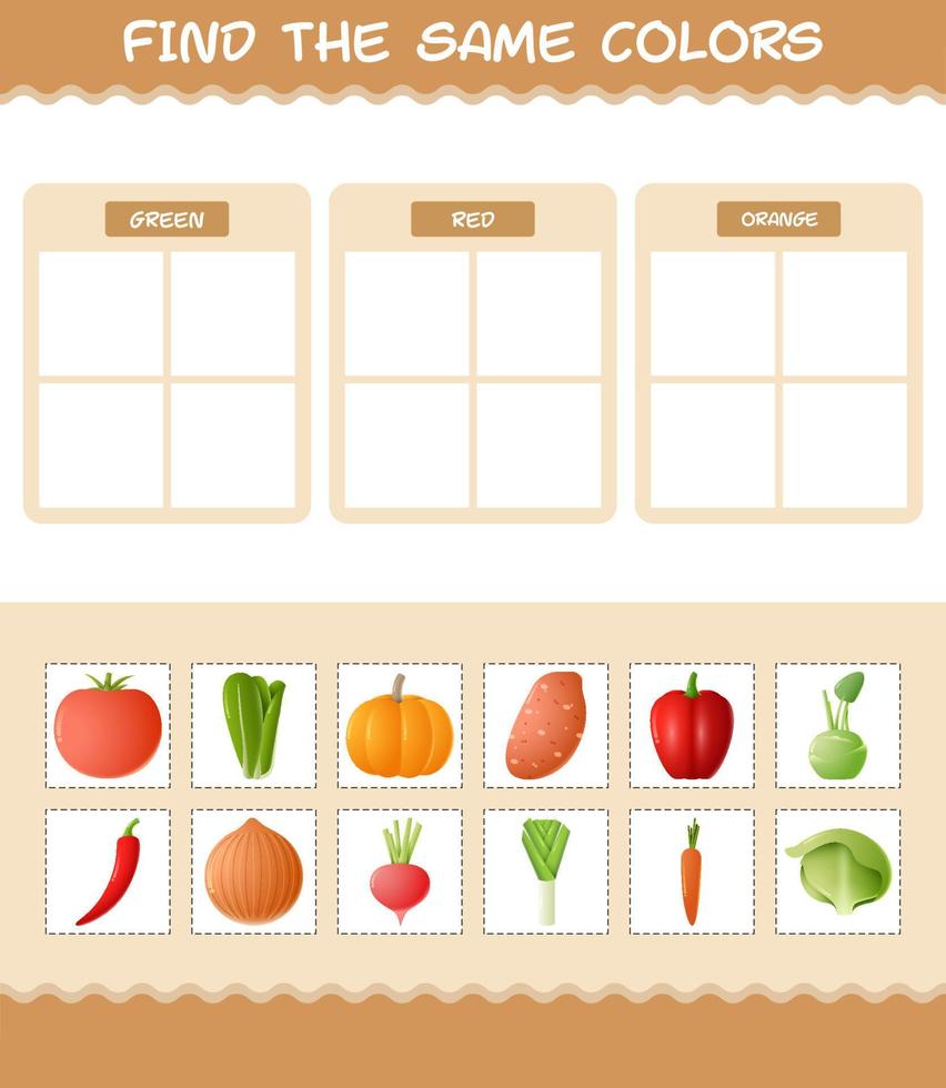 Find the same colors of vegetables. Searching and Matching game. Educational game for pre shool years kids and toddlers vector