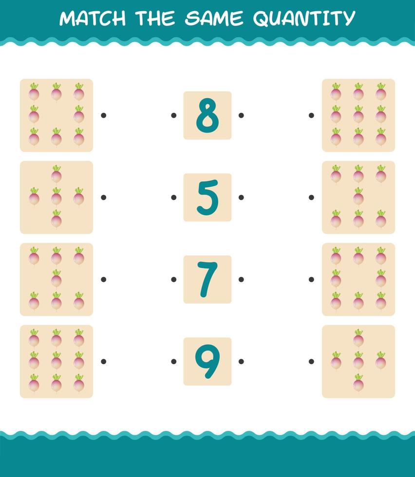 Match the same quantity of turnip. Counting game. Educational game for pre shool years kids and toddlers vector
