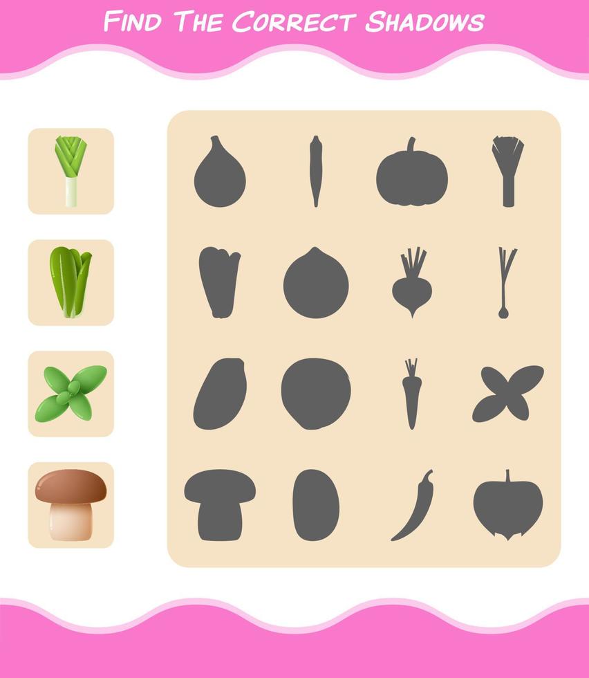 Find the correct shadows of cartoon vegetables. Searching and Matching game. Educational game for pre shool years kids and toddlers vector