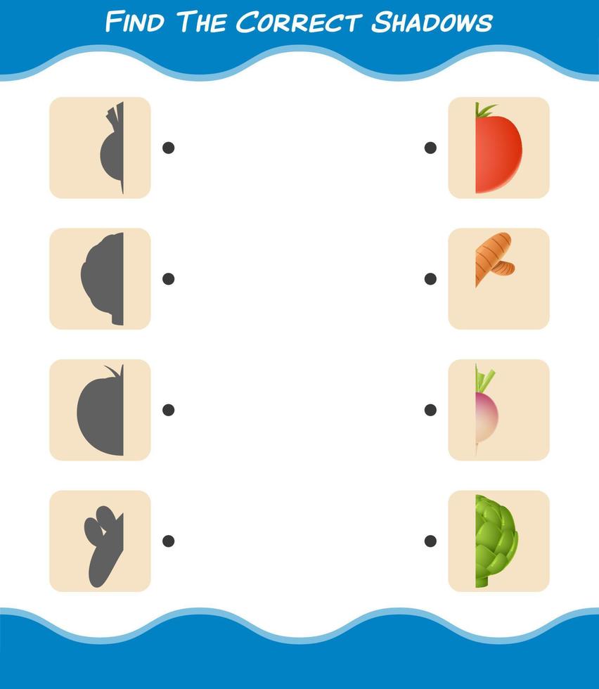 Find the correct shadows of cartoon vegetables. Searching and Matching game. Educational game for pre shool years kids and toddlers vector