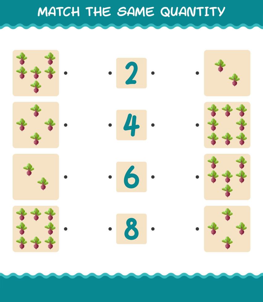 Match the same quantity of beet. Counting game. Educational game for pre shool years kids and toddlers vector