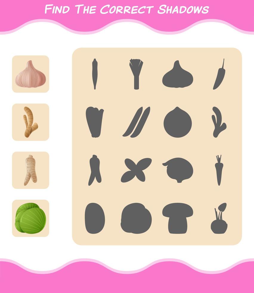 Find the correct shadows of cartoon vegetables. Searching and Matching game. Educational game for pre shool years kids and toddlers vector