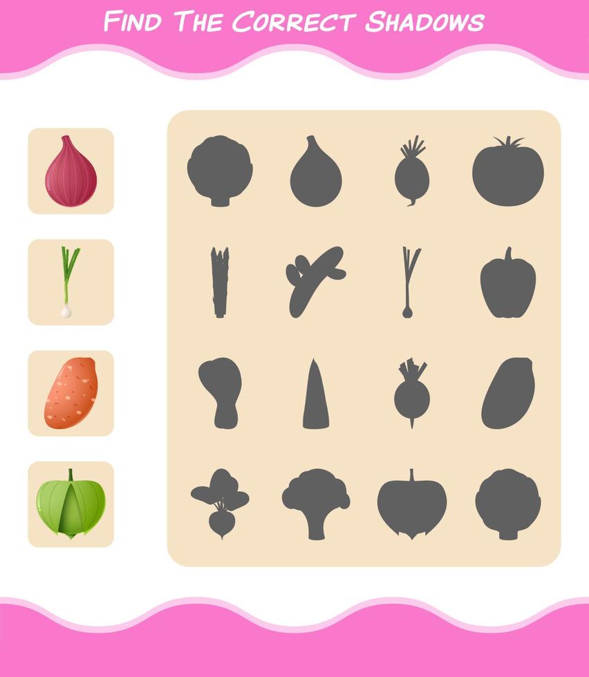 Find the correct shadows of cartoon vegetables. Searching and Matching game. Educational game for pre shool years kids and toddlers vector