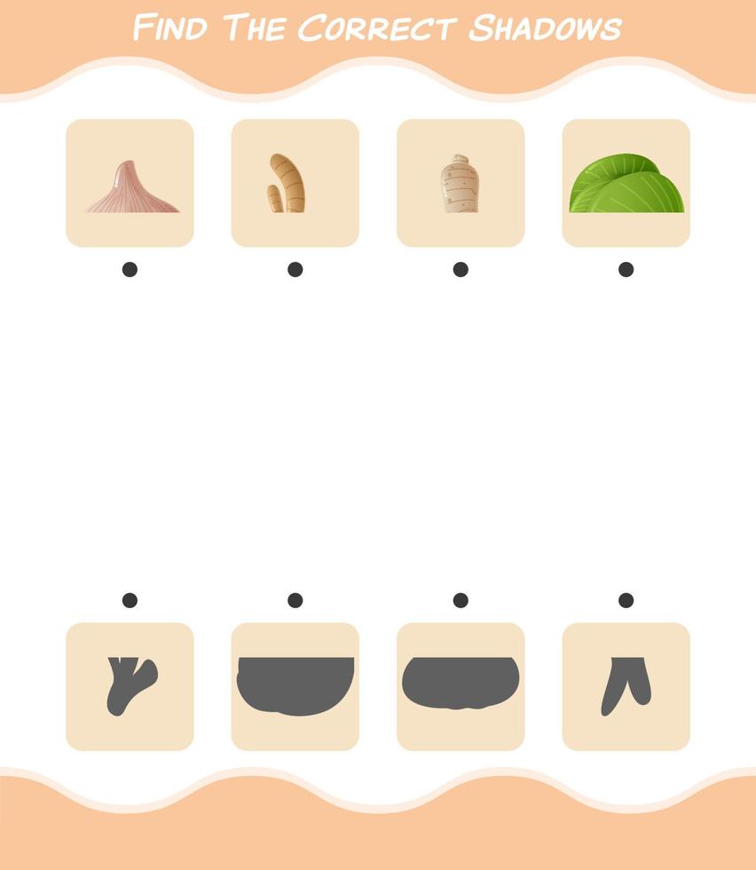Find the correct shadows of cartoon vegetables. Searching and Matching game. Educational game for pre shool years kids and toddlers vector