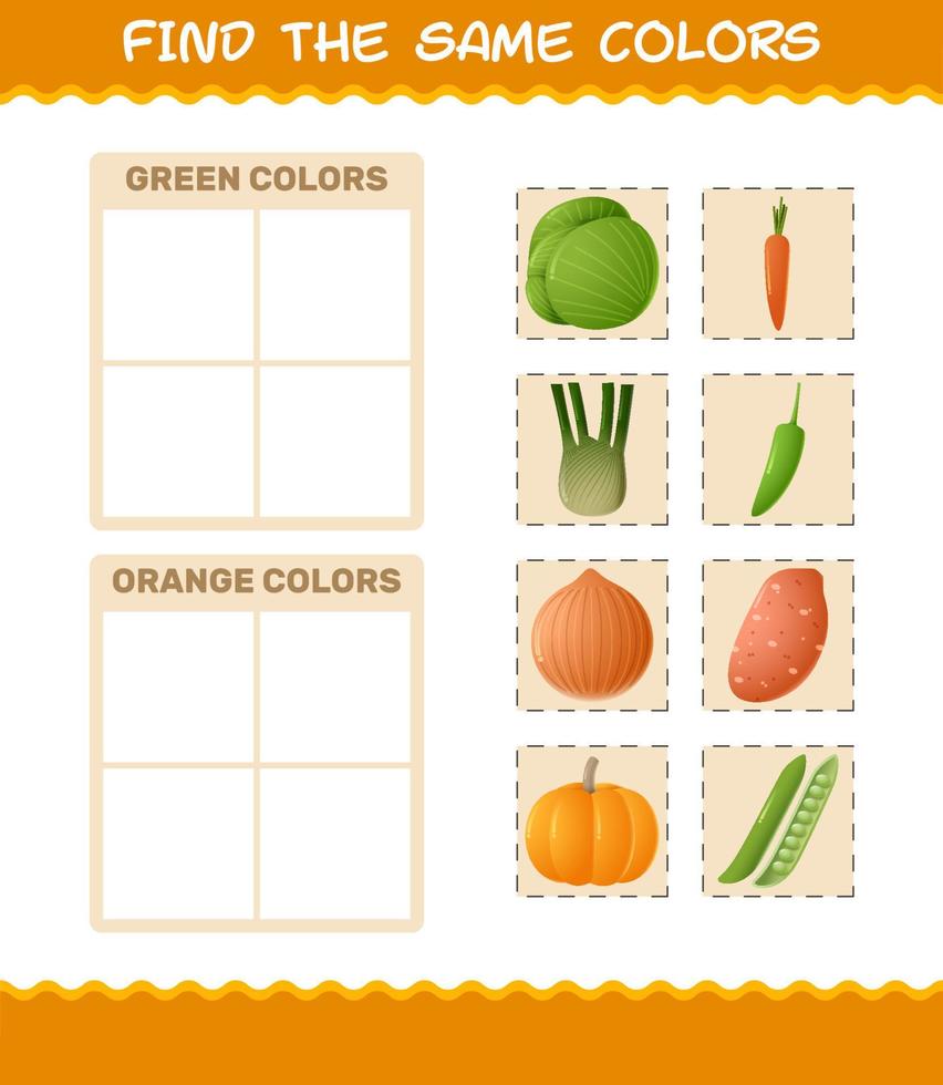 encontrar los mismos colores de las verduras. juego de búsqueda y emparejamiento. juego educativo para niños y niños pequeños en edad preescolar vector