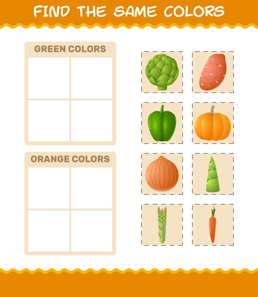 encontrar los mismos colores de las verduras. juego de búsqueda y emparejamiento. juego educativo para niños y niños pequeños en edad preescolar vector