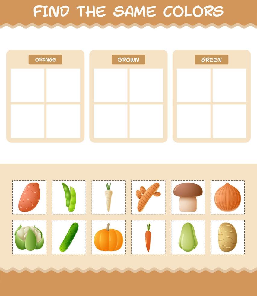 encontrar los mismos colores de las verduras. juego de búsqueda y emparejamiento. juego educativo para niños y niños pequeños en edad preescolar vector