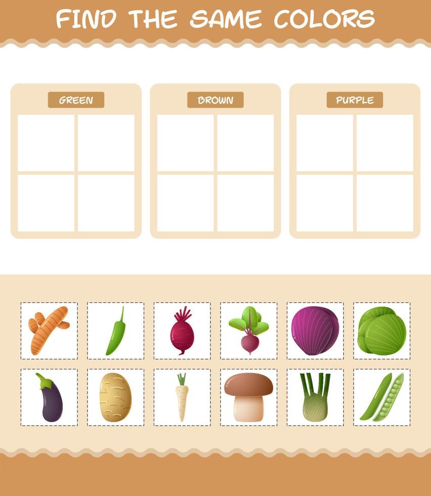 encontrar los mismos colores de las verduras. juego de búsqueda y emparejamiento. juego educativo para niños y niños pequeños en edad preescolar vector