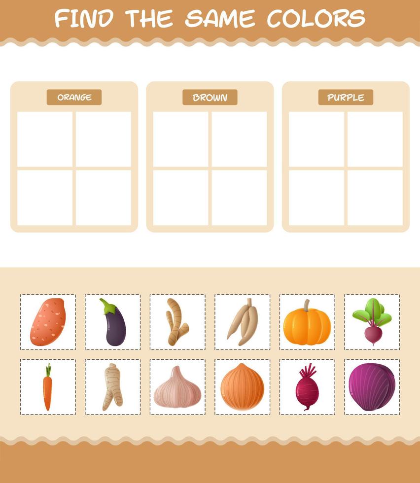 Find the same colors of vegetables. Searching and Matching game. Educational game for pre shool years kids and toddlers vector