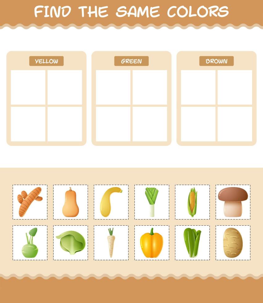 encontrar los mismos colores de las verduras. juego de búsqueda y emparejamiento. juego educativo para niños y niños pequeños en edad preescolar vector