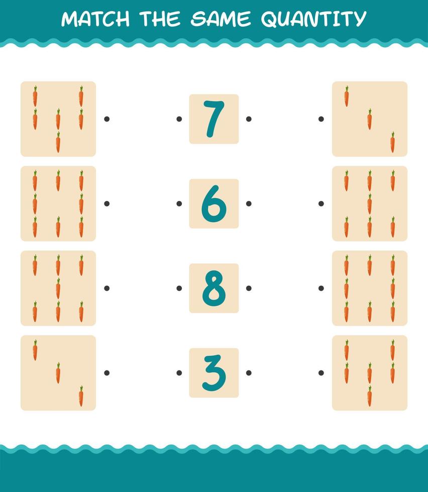 Match the same quantity of carrot. Counting game. Educational game for pre shool years kids and toddlers vector