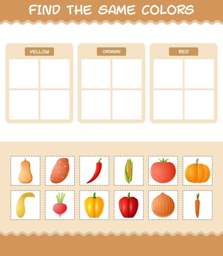 Find the same colors of vegetables. Searching and Matching game. Educational game for pre shool years kids and toddlers vector