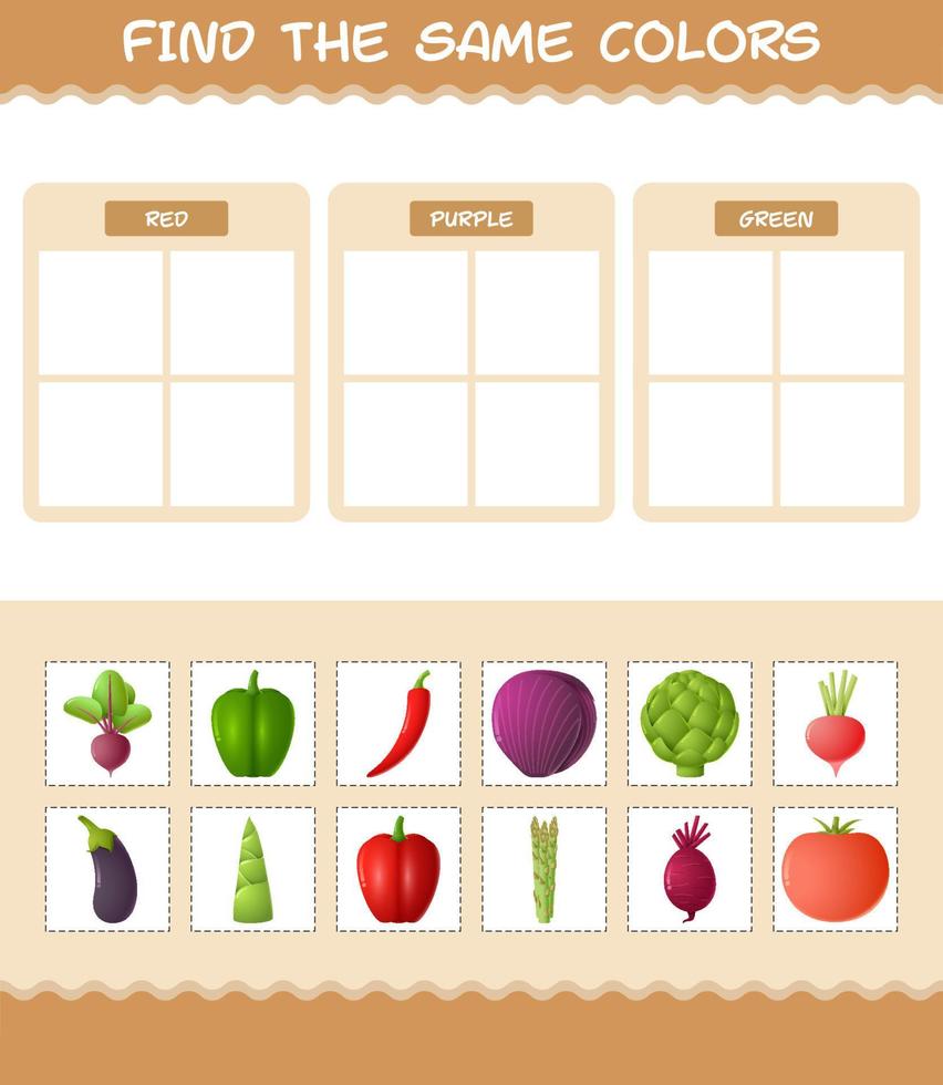 encontrar los mismos colores de las verduras. juego de búsqueda y emparejamiento. juego educativo para niños y niños pequeños en edad preescolar vector