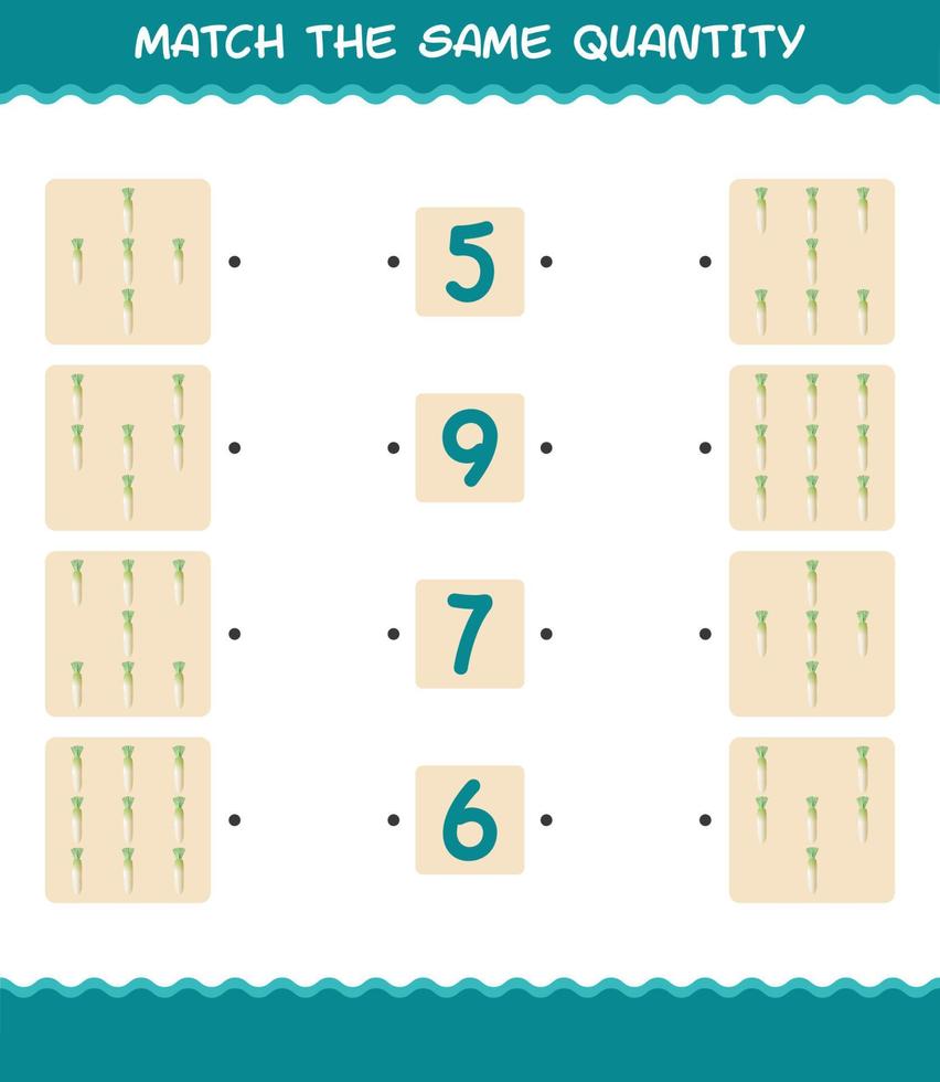 Match the same quantity of daikon. Counting game. Educational game for pre shool years kids and toddlers vector