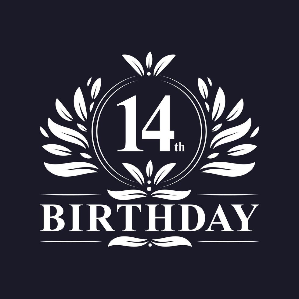 Logotipo de cumpleaños de 14 años, celebración de cumpleaños número 14. vector