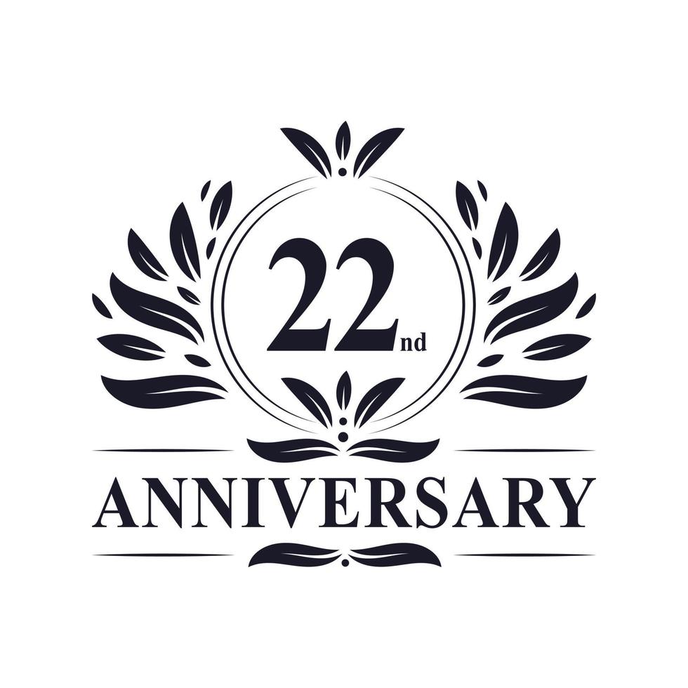 Celebración del 22º aniversario, lujoso diseño del logotipo del aniversario de 22 años. vector